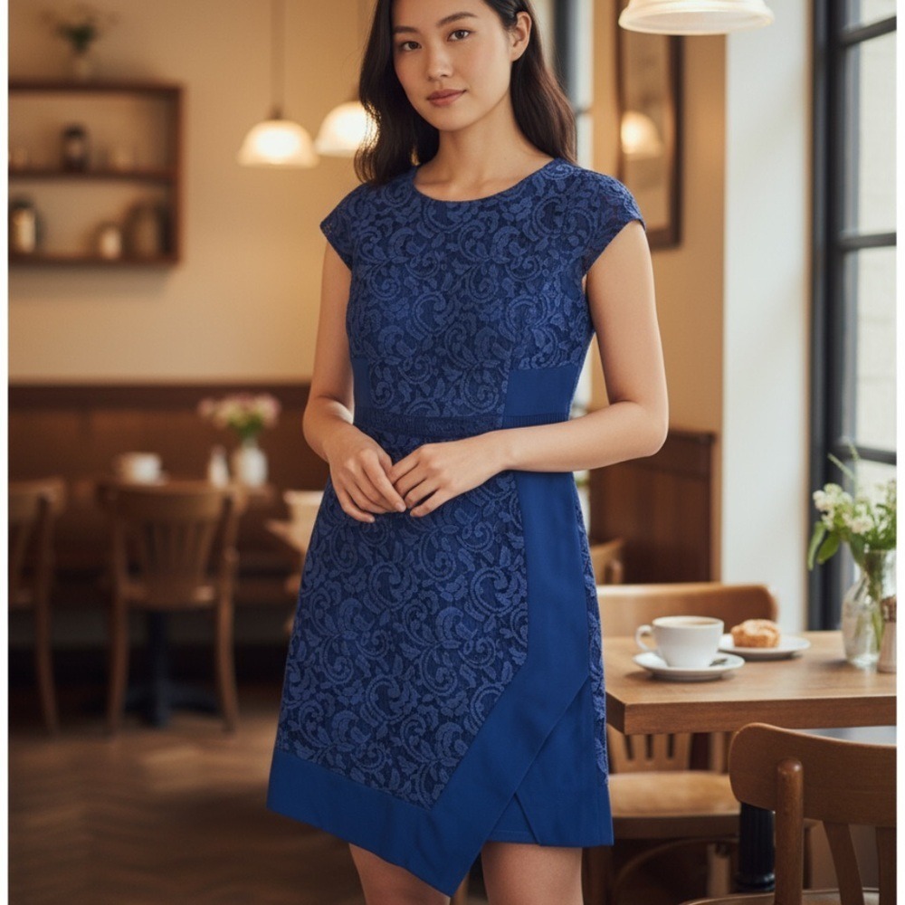 Adrianna Papell Lace Faux Wrap Style Sheath Asymmetric Dress, Ocean Blue, Size 6